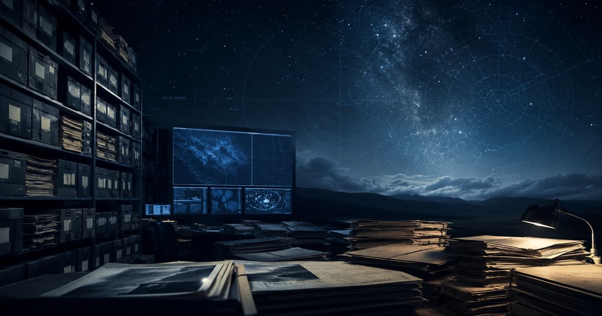Dark editorial visual of declassified records and radar-like overlays representing public UAP archives